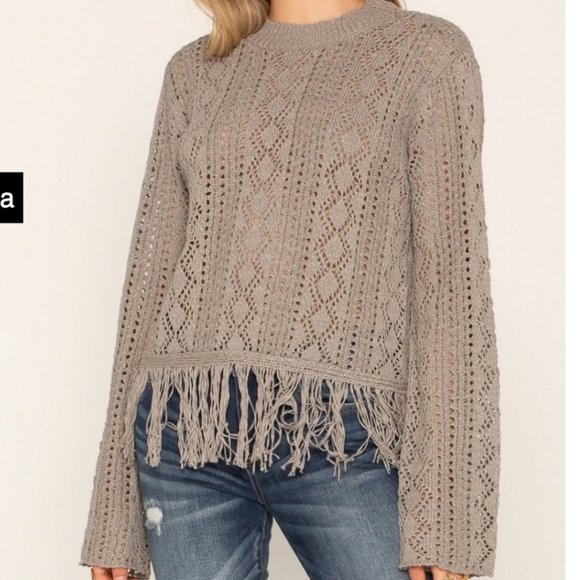Miss Me Sweaters - Miss Me Crochet Knit Sweater Fringe Gray Size Large Boho